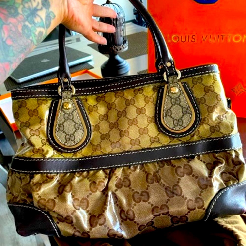 Authentic GUCCI GG Crystal Shoulder Tote Bag PVC Leather 223964 Brown 5730C